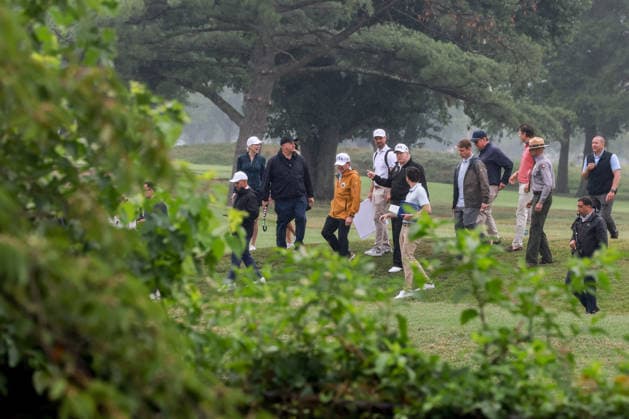 June 28, 2026, Washington, District Of Columbia, USA: United States Secretary of the Interior and Chair, National Energy Council and White House Energy Czar Doug Burgum, center left, and US President Donald J Trump, center right, at East Potomac Golf Links in Washington, DC, US, on Sunday, June 28, 2026. President Trump has taken a number of steps to reshape the nation™s capital in his second term, including demolishing the White House East Wing to make way for a new ballroom, planning for the construction of a new triumphal arch, pledging to renovate the John F. Kennedy Center for the Performing Arts, and terminating a contract to run a trio of public golf courses in Washington. Natalie Harp, Executive Assistant to the President, left, j - ZUMAs152 20260628_faa_s152_007 Copyright: xTierneyxLxCrossx-xPoolxviaxCNPx