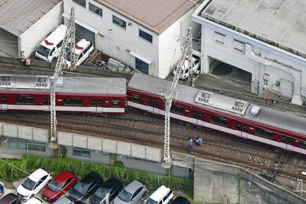 Derailed train in Kyoto Photo taken from a Kyodo News helicopter shows a Kintetsu Kyoto Line train that derailed shortly after leaving Kyoto Station in Kyoto for Kashiharajingu-mae on June 29, 2026. None of the roughly 30 passengers aboard was injured, the train operator said.  A14AA0005620594P