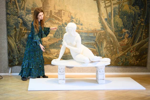 Bonhams Classics Week Sales at Bonhams, London, UK - 29 June 2026 A staff member views (background) - A Louis XV Aubusson pastoral tapestry - Mid 18th Century (est. Â£3k - Â£4k) and (foreground) A carved white marble figure of Eve listening to the voice of Adam by Edward Hodges Baily (est. Â£10k - Â£15k) which is part of Bonhams Classics Week Sales on 30th June - 2nd July at Bonhams, London, England, UK on Monday 29 June, 2026., Credit:Justin Ng Avalon UK, England, London, Bonhams  Copyright: xJustinxNgx xAvalonx 1113334527