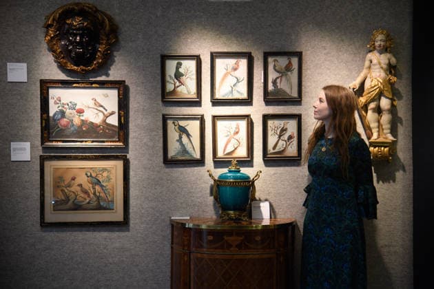 Bonhams Classics Week Sales at Bonhams, London, UK - 29 June 2026 A staff member views (middle) - A part set of three good basso relievo pictures of exotic birds, together with a further part set of three basso relievo pictures of exotic birds after the designs of George Edwards (British, 1694 1773) and also in the manner of Samuel Dixon (est. Â£6k - Â£8k) and (bottom) - A 19th century gilt bronze mounted Chinese turquoise glazed porcelain pot-pourri vase and cover of unusually large size - The mounts in the Louis XV style (est. Â£2k - Â£3k) which is part of Bonhams Classics Week Sales on 30th June - 2nd July at Bonhams, London, England, UK on Monday 29 June, 2026., Credit:Justin Ng Avalon UK, England, London, Bonhams  Copyright: xJustinxNgx xAvalonx 1113334535