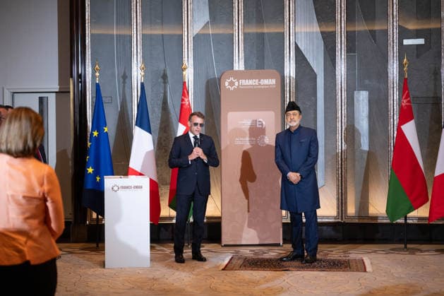 French President Emmanuel Macron (left) speaks alongside Sultan Haitham bin Tarik of Oman during a meeting with business leaders in Paris, France, on June 29, 2026. Grégoire Campione Pool Bestimage French President Emmanuel Macron and Oman’s Sultan Haitham bin Tarik pose during a meeting with business leaders in Paris, France, on June 29, 2026. Paris, France  Copyright: xGrÃ goirexCampione Pool BestimagexGrÃ goirexCampione Pool Bestimagex