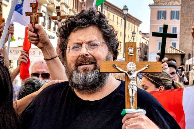 Demonstration for Italy and for Christ against Islam ROME, ITALY - JUNE 29: Demonstration led by Simone Carabella, (not pictured) influencer and anti-urban decay activist, and Mario Adinolfi (pictured) of the People of the Family movement, in defense of Rome and Italy, faith, the family and the future of their children, defended with the crucifix and the Italian flag, opposing what the organizers describe as the threat of Islam on June 29, 2026 in Rome, Italy. Rome Italy Copyright: xStefanoxMontesix