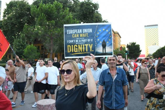 Protests in Albania hit 30th day over controversial Kushner-linked tourism project TIRANA, ALBANIA - JUNE 29: Protesters gather at Skanderbeg Square carrying banners and signs with the slogan Albania is not for sale as demonstrations continue on the 30th day against a planned tourism project in the Zvernec region of Vlora, in Tirana, Albania on June 29, 2026. Olsi Shehu Anadolu Tirana Albania. Editorial use only. Please get in touch for any other usage.  Copyright: x2026xAnadoluxOlsixShehux