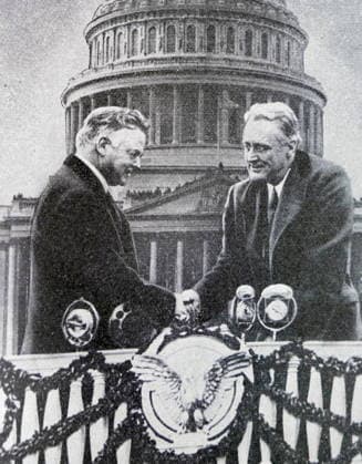 RECORD DATE NOT STATED Franklin Roosevelt Black and white photo of the new US President Franklin D. Roosevelt (1882-1945) shaking hands in front of the US Capitol Building with the outgoing president, Herbert Hoover (1874-1964). The photo was from Roosevelt s first presidential inauguration on 4 March 1933. Editorial use only. All other uses to be cleared with the copyright owner (World History Archive), in advance., WHA_134_0072.jpg, Franklin D. Roosevelt; Herbert Hoover; US President; US Capitol Building; inauguration; 1933; black and white photo; historical; handshake; transition of power; political leaders; United States; 20th century; American history; presidential history; government; Washington DC; formal event; men in suits; leaders Copyright: xWorldxHistoryxArchivex
