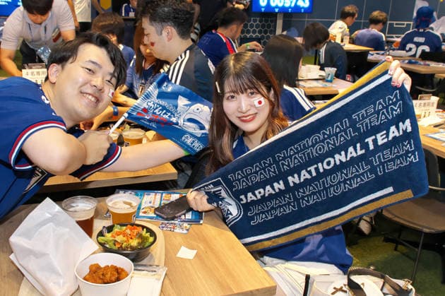 Japanese supporters pose for camera during the public viewing for the FIFA World Cup 2026 match between Japan and Brazil at the JFA(Japan Football Association) soccer culture hub blue-ing! in Tokyo, Japan on Tuesday, June 30, 2026.  TKP2026063004 KEIZOxMORI