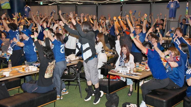 Japanese supporters celebrate after scoring a goal during the public viewing for the FIFA World Cup 2026 match between Japan and Brazil at the JFA(Japan Football Association) soccer culture hub blue-ing! in Tokyo, Japan on Tuesday, June 30, 2026.  TKP2026063010 KEIZOxMORI