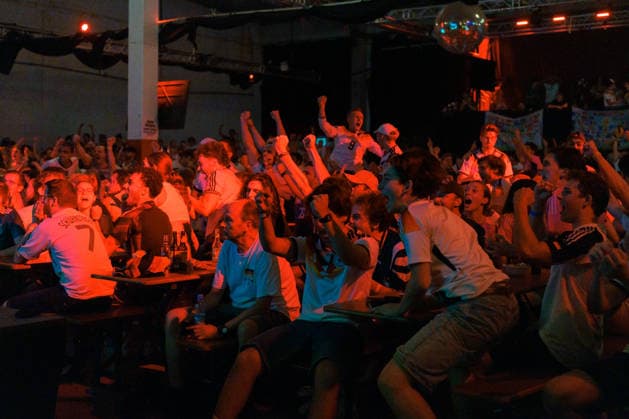 German Fans Watch Final World Cup Match at Public Viewing Germany - Munich, 30.06.2026 The crowd cheers, as football fans watch Germanys FIFA World Cup 2026 Round of 32 match against Paraguay during a public viewing event at the Backstage Kulturzentrum in Munich. Germany was eliminated after a 1 1 draw and a 4 3 penalty shootout defeat, ending its World Cup campaign. Bavaria