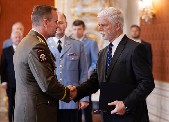 Czech President Petr Pavel, right, speaks with outgoing Chief of the General Staff of the Czech Armed Forces Karel Rehka during the appointment of his successor Miroslav Hlavac, not seen, in Prague, Czech Republic, on June 30, 2026. (CTKxPhoto MichaelaxRihova) CTKPhotoP2026063003149  CTKPhotoP2026063003149
