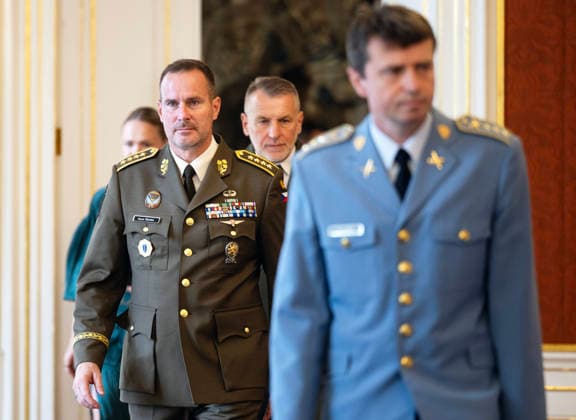 Czech President Petr Pavel, not seen, appoints Miroslav Hlavac, middle in background, as new Chief of General Staff of the Czech Armed Forces, in Prague, Czech Republic, on June 30, 2026. On the left side is seen outgoing chief Karel Rehka. (CTKxPhoto MichaelaxRihova) CTKPhotoP2026063003184  CTKPhotoP2026063003184