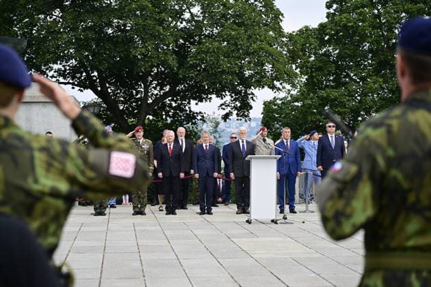 Ceremonial parade marking Czech Armed Forces Day and the handover of the post of Chief of the General Staff of the Czech Armed Forces took place at the National Memorial at Vitkov, in Prague, Czech Republic, on June 30, 2026. From left to right: Chief of the General Staff Karel Rehka, Minister of Defence Jaromir Zuna, Senate Chairman Milos Vystrcil, President Petr Pavel and Prime Minister Andrej Babis. (CTKxPhoto RomanxVondrous) CTKPhotoP2026063003586  CTKPhotoP2026063003586
