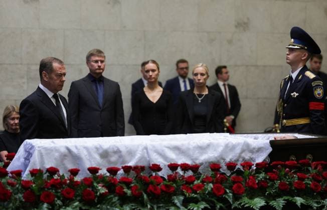Russia Former Defence Minister Ivanov Death 9197758 30.06.2026 Deputy Chairman of the Russian Security Council and leader of the United Russia political party Dmitry Medvedev attends a farewell ceremony for former Russian DefenÑe Minister Sergei Ivanov, who died at the age of 73 on June 26, at the Central Clinical Hospital in Moscow, Russia. Gavriil Grigorov Sputnik Moscow Russia  Copyright: xGavriilxGrigorovx