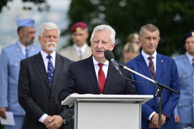 Ceremonial parade marking Czech Armed Forces Day and the handover of the post of Chief of the General Staff of the Czech Armed Forces took place at the National Memorial at Vitkov, in Prague, Czech Republic, on June 30, 2026. Defence Minister Jaromir Zuna speaks, in the background on the left are President Petr Pavel and on the right are Prime Minister Andrej Babis. (CTKxPhoto RomanxVondrous) CTKPhotoP2026063003608  CTKPhotoP2026063003608