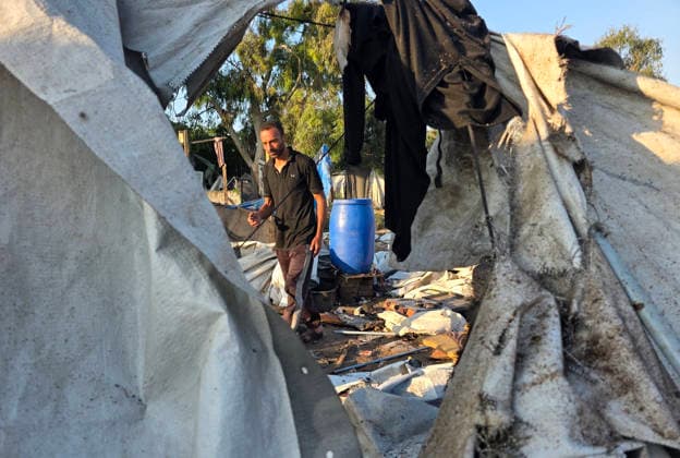 Displaced Families Inspect Damage After Israeli Airstrike in al-Mawasi Palestinian displaced families inspect damage to their tents and belongings following an Israeli airstrike that targeted a camp for displaced people in the al-Mawasi area of Khan Younis, southern Gaza Strip, on June 30, 2026. The Israeli army carried out the strike despite a ceasefire, causing extensive damage across the area. Photo by Tariq Mohammad APA Images Khan Yunis Gaza Strip Palestinian Territory 300626_Khan_Yunis_TM_00(11) Copyright: xapaimagesxTariqxMohammad xapaimagesx