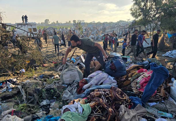 Displaced Families Inspect Damage After Israeli Airstrike in al-Mawasi Palestinian displaced families inspect damage to their tents and belongings following an Israeli airstrike that targeted a camp for displaced people in the al-Mawasi area of Khan Younis, southern Gaza Strip, on June 30, 2026. The Israeli army carried out the strike despite a ceasefire, causing extensive damage across the area. Photo by Tariq Mohammad APA Images Khan Yunis Gaza Strip Palestinian Territory 300626_Khan_Yunis_TM_00(26) Copyright: xapaimagesxTariqxMohammad xapaimagesx