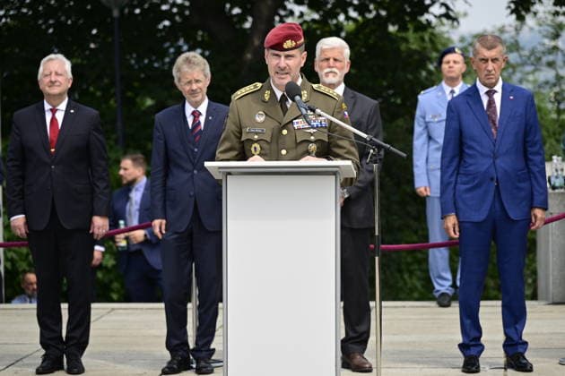 Ceremonial parade marking Czech Armed Forces Day and the handover of the post of Chief of the General Staff of the Czech Armed Forces took place at the National Memorial at Vitkov, in Prague, Czech Republic, on June 30, 2026. Outgoing Chief of the General Staff Karel Rehka speaks. In the background, from left, are Defence Minister Jaromir Zuna, Senate Speaker Milos Vystrcil, President Petr Pavel, and Prime Minister Andrej Babis. (CTKxPhoto RomanxVondrous) CTKPhotoP2026063003818  CTKPhotoP2026063003818