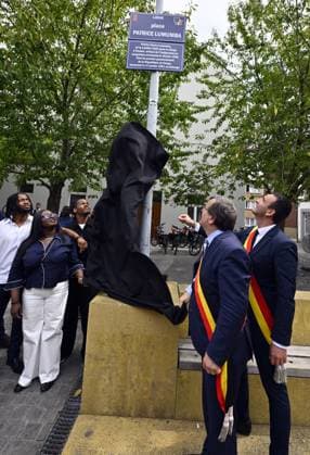 The grandchildren of Patrice Lumumba, Liege mayor Willy Demeyer and Benjamin Hurard pictured during the inauguration of the Place Patrice Lumumba in the Saint-Leonard district, in Liege, Tuesday 30 June 2026. First elected Prime Minister of the DRC Congo Lumumba was shot on 17 January 1961 in separatist Katanga by local soldiers, but in the presence of Belgian officials, just a few months after the independence of the former Belgian Congo.  ERICxLALMAND 179966841