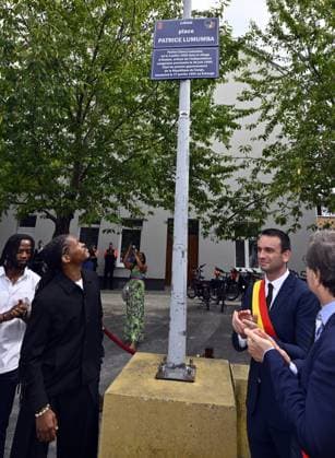 Benjamin Hurard, Yvan Lumumba and Liege mayor Willy Demeyer pictured during the inauguration of the Place Patrice Lumumba in the Saint-Leonard district, in Liege, Tuesday 30 June 2026. First elected Prime Minister of the DRC Congo Lumumba was shot on 17 January 1961 in separatist Katanga by local soldiers, but in the presence of Belgian officials, just a few months after the independence of the former Belgian Congo.  ERICxLALMAND 179967463