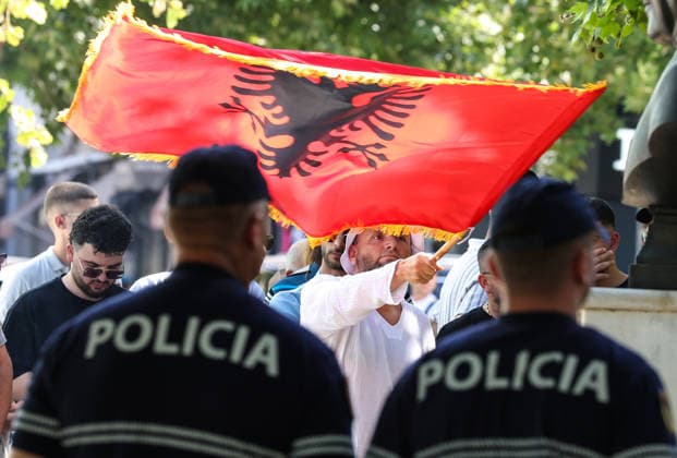 June 30, 2026, Tirana, Tirana, Albania: Protesters shout anti Government slogans during a protest in front of Albanian Parliament asking resignation of Albanian Prime Minister Edi Rama and of his Government here in Tirana, Albania, on 30 June 2026. Tirana Albania - ZUMAb266 20260630_zip_b266_002 Copyright: xArmandoxBabanix