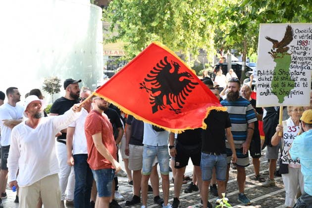 Protesters rally outside parliament against tourism projects in Albania TIRANA, ALBANIA - JUNE 30: Protesters gather outside the parliament building during a demonstration against a planned tourism project in the Zvernec area of Vlora, as protests over the project continue for a month in Tirana, Albania, on June 30, 2026. Olsi Shehu Anadolu Tirana Albania. Editorial use only. Please get in touch for any other usage.  Copyright: x2026xAnadoluxOlsixShehux