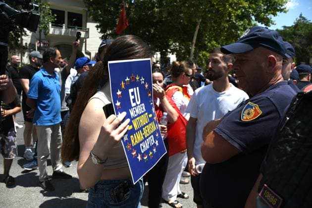 Protest held in front of Parliament building against tourism projects in Tirana TIRANA, ALBANIA - JUNE 30: Demonstrators gather in front of the Parliament building to protest against a planned tourism project in the Zvernec area of Vlora, in Tirana, Albania on June 30, 2026. Scuffles broke out between police and protestors during the demonstration, which has been ongoing for a month. Reinforcements arrived at the protest area to form a security cordon. Olsi Shehu Anadolu Tirana Albania. Editorial use only. Please get in touch for any other usage.  Copyright: x2026xAnadoluxOlsixShehux