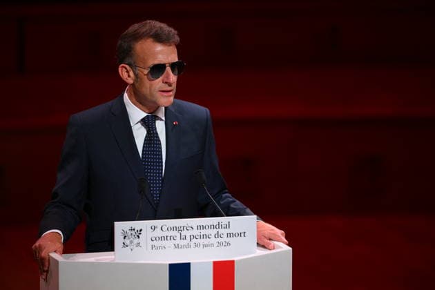 Macron Delivers A Speech During the World Congress Against the Death Penalty - Paris French President Emmanuel Macron delivers a speech during the World Congress Against the Death Penalty in Paris, on June 30, 2026. It was noted that the president was wearing sunglasses due to an eye condition. Photo by Eliot Blondet ABACAPRESS.COM Paris France  Copyright: xBlondetxEliot ABACAx