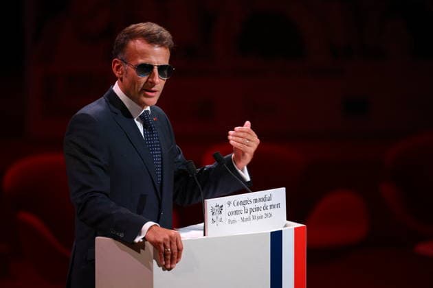 Macron Delivers A Speech During the World Congress Against the Death Penalty - Paris French President Emmanuel Macron delivers a speech during the World Congress Against the Death Penalty in Paris, on June 30, 2026. It was noted that the president was wearing sunglasses due to an eye condition. Photo by Eliot Blondet ABACAPRESS.COM Paris France  Copyright: xBlondetxEliot ABACAx