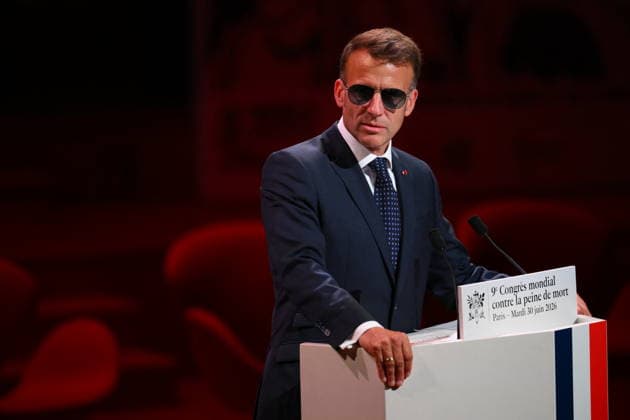 Macron Delivers A Speech During the World Congress Against the Death Penalty - Paris French President Emmanuel Macron delivers a speech during the World Congress Against the Death Penalty in Paris, on June 30, 2026. It was noted that the president was wearing sunglasses due to an eye condition. Photo by Eliot Blondet ABACAPRESS.COM Paris France  Copyright: xBlondetxEliot ABACAx