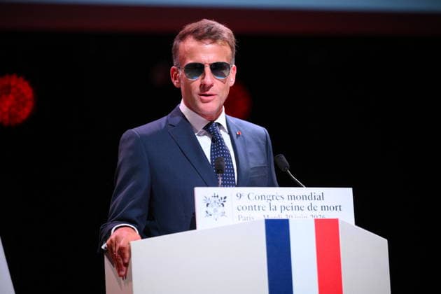 Macron Delivers A Speech During the World Congress Against the Death Penalty - Paris French President Emmanuel Macron delivers a speech during the World Congress Against the Death Penalty in Paris, on June 30, 2026. It was noted that the president was wearing sunglasses due to an eye condition. Photo by Eliot Blondet ABACAPRESS.COM Paris France  Copyright: xBlondetxEliot ABACAx
