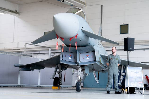 Kaufbeuren, Bavaria, Germany - June 30, 2026: Kaufbeuren Air Base, the Bundeswehr, and the German Air Force: The future of the Arrow Weapon System for Germany (AWS-G), air defense, the military base, and a pilot project for historic preservation. German Air Force Eurofighter Typhoon in the maintenance hangar, a modern multi-role fighter aircraft for air superiority, air defense, and precision missions *** Fliegerhorst Kaufbeuren, Bundeswehr und Luftwaffe: Zukunft des Arrow Weapon System for Germany (AWS-G), Luftverteidigung, Militärstandort und Pilotvorhaben Denkmalschutz. Eurofighter Typhoon der Luftwaffe in der Wartungshalle, modernes Mehrzweckkampfflugzeug für Luftüberlegenheit, Luftverteidigung und Präzisionsmissionen