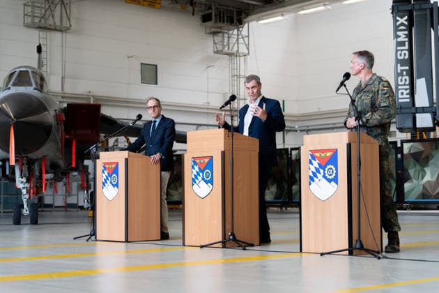 Kaufbeuren, Bavaria, Germany - June 30, 2026: Kaufbeuren Air Base, the Bundeswehr, and the German Air Force: The Future of the Arrow Weapon System for Germany (AWS-G), Air Defense, Military Base, and Pilot Project for Historic Preservation. Ministerial Director Dr. Alexander Götz (Head of the Force Development Division at the Federal Ministry of Defense), Minister President Dr. Markus Söder (CSU), and Lieutenant General Holger Neumann (Inspector General of the Air Force) *** Fliegerhorst Kaufbeuren, Bundeswehr und Luftwaffe: Zukunft des Arrow Weapon System for Germany (AWS-G), Luftverteidigung, Militärstandort und Pilotvorhaben Denkmalschutz. Ministerialdirektor Dr. Alexander Götz (Hauptabteilungsleiter Aufwuchs im Bundesministerium der