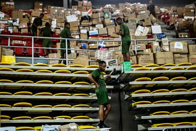 Humanitarian aid gathered in La Guaira for Earthquake Victims LA GUAIRA, VENEZUELA - JUNE 30: Humanitarian aid sent to Venezuela is being gathered at the Polideportivo Jose Maria Vargas sports complex in La Guaira, the city worst hit by the earthquake, and prepared for delivery to those in need on June 30, 2026. Cem Tekkesinoglu Anadolu La Guaira Venezuela. Editorial use only. Please get in touch for any other usage.  Copyright: x2026xAnadoluxCemxTekkesinoglux