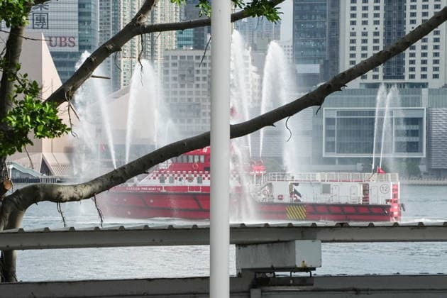HONG KONG-DAILY HKSAR-ANNIVERSARY Fireboats and marine police boats spray water in Victoria Harbour in celebration of the 29th anniversary of the establishment of the HKSAR during the flag-raising ceremony on July 1, 2026 in Hong Kong. (Photo by Kevin Li TMHK via Nexpher Images) Hong Kong