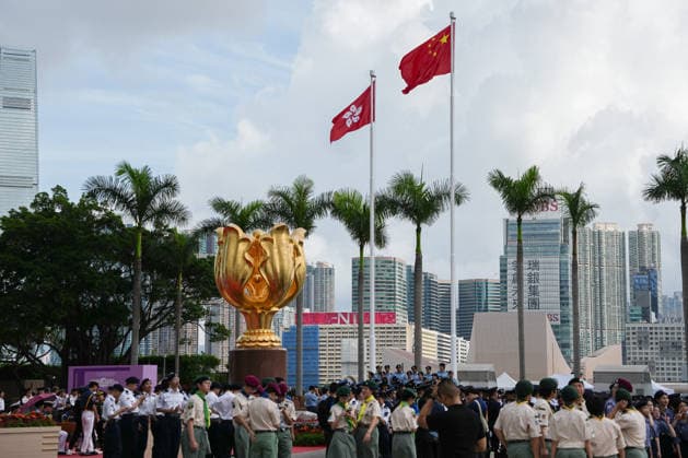 HONG KONG-DAILY HKSAR-ANNIVERSARY The national and regional flags are seen fluttering at Golden Bauhinia Square following the flag-raising ceremony to mark the 29th anniversary of the establishment of the HKSAR on July 1, 2026 in Hong Kong. (Photo by Kevin Li TMHK via Nexpher Images) Hong Kong