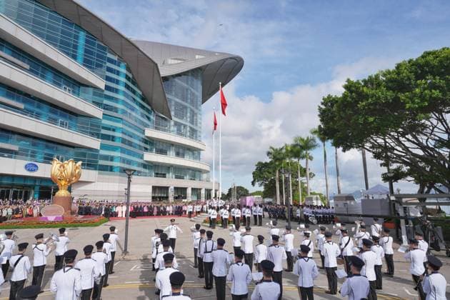 HONG KONG, CHINA - JULY 01: A flag-raising ceremony is held at Golden Bauhinia Square to celebrate the 29th anniversary of Hong Kong s return to the motherland on July 1, 2026 in Hong Kong, China.  Copyright: xChinaxNewsxServicex 111651553721