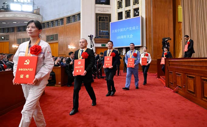 (260701) -- BEIJING, July 1, 2026 -- Representatives of outstanding Party members, Party workers, and primary-level Party organizations from across the country are pictured at a gathering in celebration of the 105th founding anniversary of the Communist Party of China (CPC) at the Great Hall of the People in Beijing, capital of China, July 1, 2026. ) FOCUS China holds gathering marking 105th founding anniversary of CPC ShenxHong 