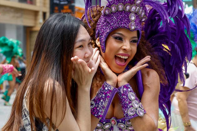 Dancers perform samba show summer festival in Seoul Dancers from Lotte World, a South Korean theme park, pose for photos with visitors after performing a samba show during a summer festival promotional event in the Myeongdong shopping district in Seoul, South Korea, on July 01, 2026. Seoul South Korea  Copyright: xMatrixxImagesx xJungxUi-Chelx