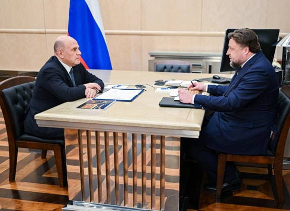 RUSSIA, MOSCOW - JULY 1, 2026: Russia s Prime Minister Mikhail Mishustin (L) and Pavel Kosov, general director of Rosagroleasing, meet at the House of the Russian Government. Alexander Miridonov POOL TASS  94535070