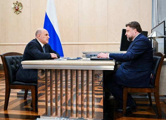 RUSSIA, MOSCOW - JULY 1, 2026: Russia s Prime Minister Mikhail Mishustin (L) and Pavel Kosov, general director of Rosagroleasing, meet at the House of the Russian Government. Alexander Miridonov POOL TASS  94535118