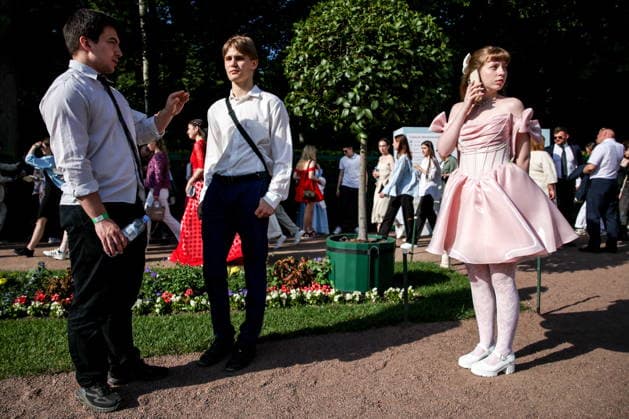 RUSSIA, ST PETERSBURG - JUNE 30, 2026: Young people attend an annual ball held at the Peterhof State Museum Reserve for school leavers awarded gold medals for academic excellence. Peter Kovalev TASS  94535099