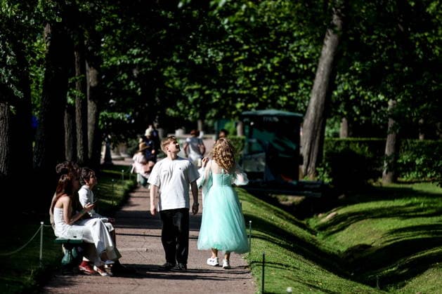 RUSSIA, ST PETERSBURG - JUNE 30, 2026: Young people attend an annual ball held at the Peterhof State Museum Reserve for school leavers awarded gold medals for academic excellence. Peter Kovalev TASS  94535106