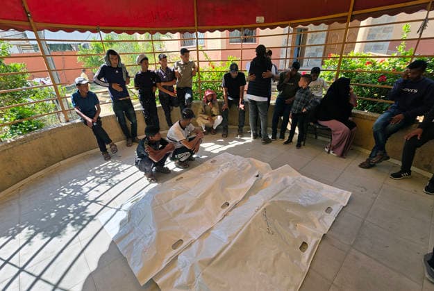 Mourners bid farewell to two Palestinians at Nasser Medical Complex Mourners bid farewell to the bodies of two Palestinians at Nasser Medical Complex in Khan Younis, southern Gaza Strip, on July 1, 2026, after they were killed in an Israeli airstrike that targeted a group of people near the Asdaa junction in the al-Mawasi area of Khan Younis the previous evening. Photo by Tariq Mohammad APA Images Khan Yunis Gaza Strip Palestinian Territory 010726_Khan_Yunis_TM_01(10) Copyright: xapaimagesxTariqxMohammad xapaimagesx