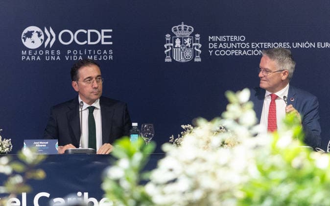 Albares and Mathias Cormann Co-Chair the OECD–Latin America and the Caribbean Ministerial Dialogue The Minister of Foreign Affairs, the European Union, and Cooperation, José Manuel Albares, is co-chairing the OECD Ministerial Dialogue with OECD Secretary-General Mathias Cormann – Latin America and the Caribbean at Casa América on July 1, 2026, in Madrid, Spain. The meeting is being held with the aim of strengthening trade ties and global governance, consolidating Spain’s role as a strategic bridge between Europe and Latin America. JULY 1, 2026 Spain  Copyright: xEduardoxParrax 7635003
