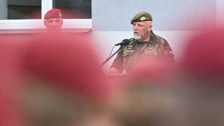 Ceremonial unveiling of FLYER 72 HD light attack vehicles, donated by U.S. government as part of FMF programme, was held in Chrudim, Czech Republic, on July 1, 2026. The picture shows Josef Trojanek, Commander of the Land Forces of the Army of the Czech Republic, speaking. (CTKxPhoto JosefxVostarek) CTKPhotoP2026070104273  CTKPhotoP2026070104273