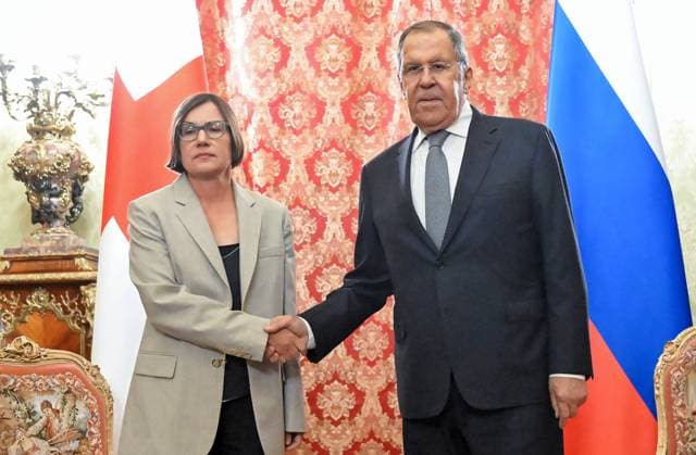 Russia Red Cross 9198312 01.07.2026 President of the International Committee of the Red Cross (ICRC) Mirjana Spoljaric and Russian Foreign Minister Sergey Lavrov shake hands as they pose for photos during a meeting in Moscow, Russia. Sergey Guneev Sputnik Moscow Russia  Copyright: xSergeyxGuneevx