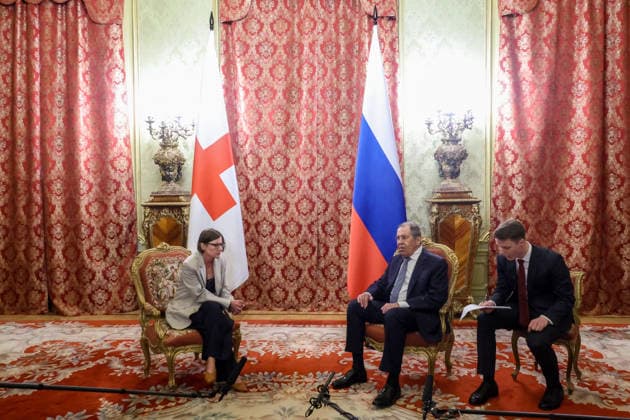 RUSSIA, MOSCOW - JULY 1, 2026: Mirjana Spoljaric (L), president of the International Committee of the Red Cross (ICRC), and Russia s Foreign Minister Sergei Lavrov (2nd R) meet at the Russian Foreign Ministry s Reception House. Sergei Fadeichev TASS  94538181