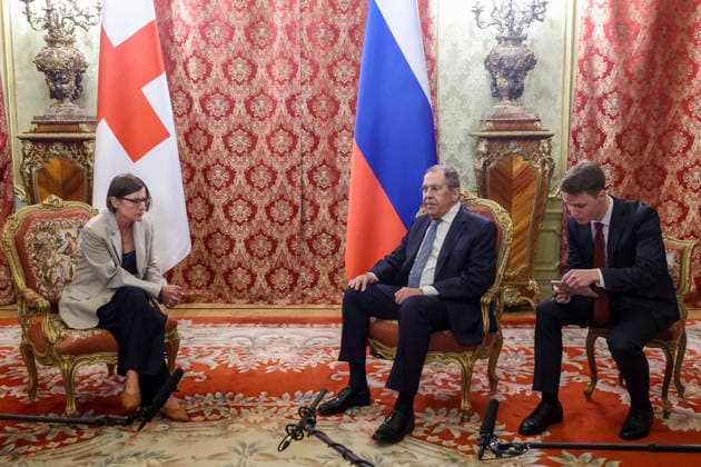 RUSSIA, MOSCOW - JULY 1, 2026: Mirjana Spoljaric (L), president of the International Committee of the Red Cross (ICRC), and Russia s Foreign Minister Sergei Lavrov (2nd R) meet at the Russian Foreign Ministry s Reception House. Sergei Fadeichev TASS  94538195