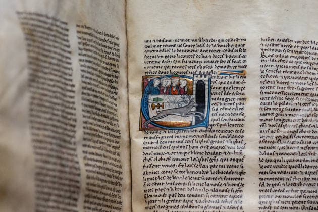 The Clermont-Tonnerre Grail Illuminated Manuscript at Christie s, London, UK, 1 July 2026 A medieval miniature depicting Merlin transformed into a stag, from the Clermont-Tonnerre Grail, a 700-year-old illuminated manuscript estimated at Â£1,500,000-2,000,000, on display at Christie s, London, UK, on 1 July 2026. The illustration depicts one of the rarest scenes in Arthurian art: Merlin shape-shifts into a giant wild stag and storms into the court of the Emperor of Rome, leaping past a princess, knocking over the imperial dinner tables and delivering a prophecy before escaping back into the woods. Fewer than five medieval manuscripts worldwide are known to illustrate this scene. Created circa 1290-1310 by the Master of the Liege Apocalypse  Copyright: xPetexSpellerx xAvalonx 1113727535