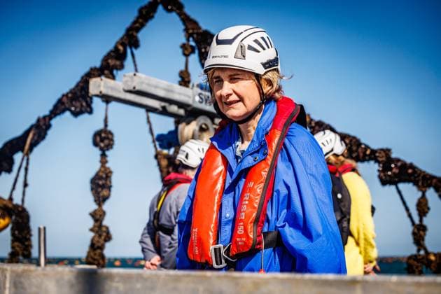 Flemish Minister for Domestic Governance and Integration Hilde Crevits pictured during the presentation of the Bel Mer mussels of the commercial sea farm from Colruyt Group in Nieuwpoort, Wednesday 01 July 2026. Colruyt Group is developing the first commercial sea farm off the Belgian coast: Sea Farm Westdiep. The company has started farming Belgian mussels in 2022.  KURTxDESPLENTER 180079980