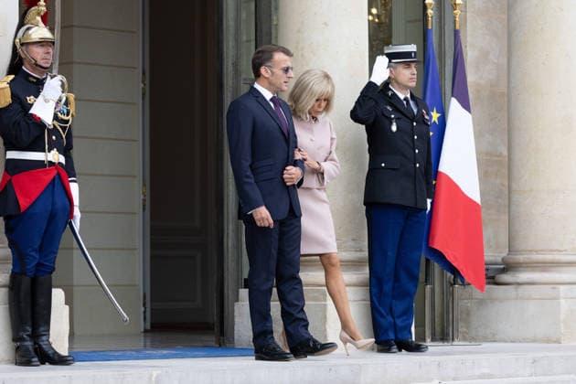 Grand Duke Guillaume and Grand Duchess Stephanie of Luxembourg received at Elysee French President Emmanuel Macron with sunglasses and his wife Brigitte Macron waiting arrival of Grand Duke Guillaume of Luxembourg and Grand Duchess Stephanie of Luxembourg before a meeting at Elysee Palace, Paris France on July 1 2026. Photo by Raphael Lafargue ABACAPRESS.COM Paris France  Copyright: xLafarguexRaphael ABACAx
