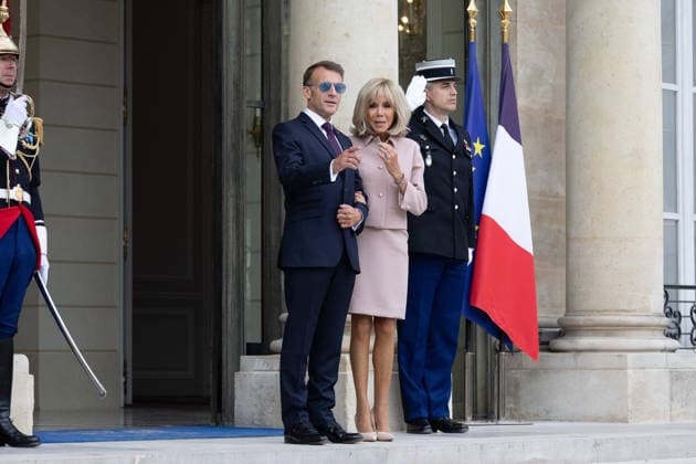 Grand Duke Guillaume and Grand Duchess Stephanie of Luxembourg received at Elysee French President Emmanuel Macron with sunglasses and his wife Brigitte Macron waiting arrival of Grand Duke Guillaume of Luxembourg and Grand Duchess Stephanie of Luxembourg before a meeting at Elysee Palace, Paris France on July 1 2026. Photo by Raphael Lafargue ABACAPRESS.COM Paris France  Copyright: xLafarguexRaphael ABACAx